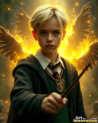 A young blond-haired man in school robes points a wand forward with bright yellow wings behind him