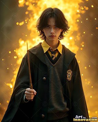Before bright yellow fire, a young man in a dark school robe holds up a wand