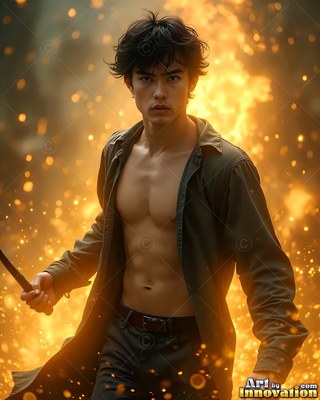 Holding a wand, an open-shirted man stands before golden sparks of fire magic