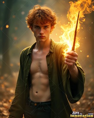 A younger man in an open green shirt holds a flaming wand outdoors