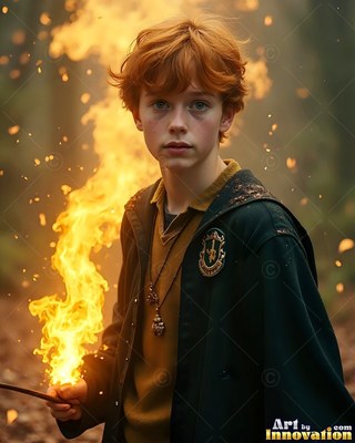 Messy red hair tops a youthful man in a dark green coat casting fire in the woods