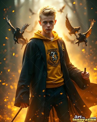A young blond man holds wands while flying creatures flank him in warm golden light