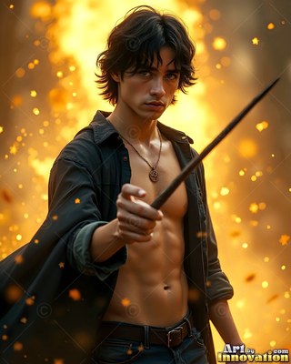 Facing forward outdoors, a younger man points a wand before warm yellow light