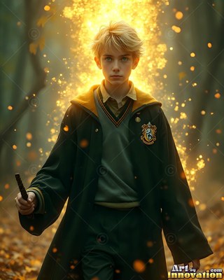 A blond youthful man in a dark green school robe holds a wand in the woods