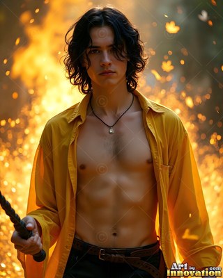 Before sparks of fire, a younger man clasps a staff in an open yellow shirt
