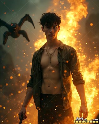 Standing before bright flames, a young man wears an open green shirt near a winged beast