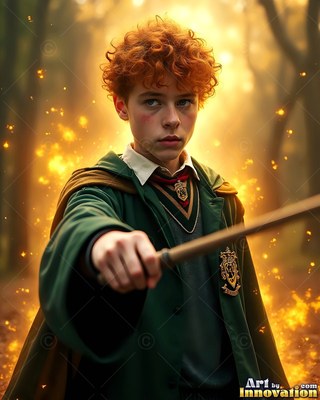 Young red-haired man in green robes pointing a wand forward