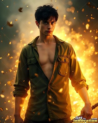 A younger man stands in an open shirt as sparks shine bright yellow around him