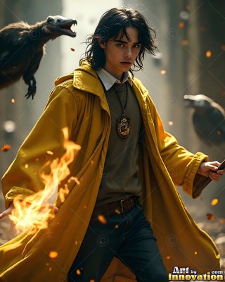 Facing forward outdoors, a young man in a yellow coat casts fire by badgers