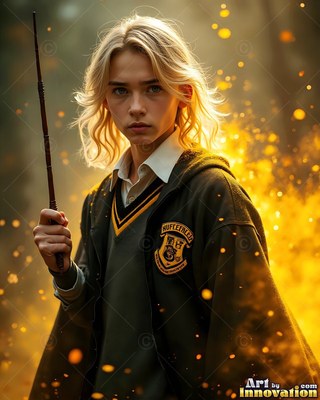 A blond young man holds up a wooden wand surrounded by yellow sparks
