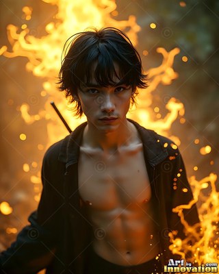 Staring ahead, a bare-chested man stands before bright orange fire and sparks