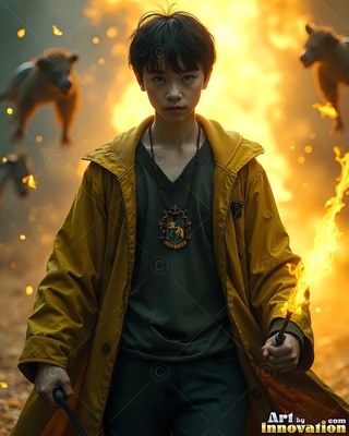 Young man in a yellow coat holding a fiery wand
