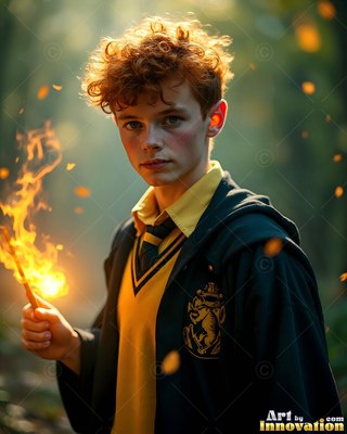 A yellow sweater under black robes on a man in his youth holding a flaming wand in the woods