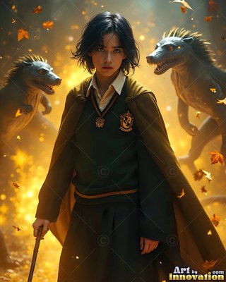 A young man in a dark green school robe stands between two standing badgers