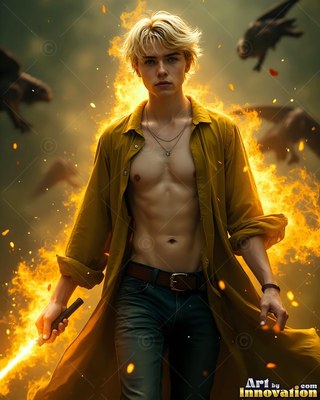 Standing in bright fire, a blond young man cradles a lit wand in an open yellow coat