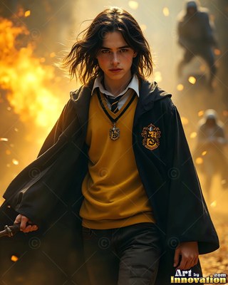 Younger man in a black robe and yellow sweater walks through fire
