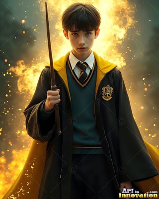 A yellow-lined black robe wraps a young man holding a wooden wand before yellow sparks