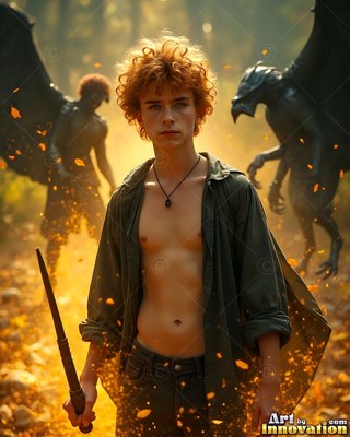 A man in his youth holds a wand in an open shirt with yellow sparks in the forest air