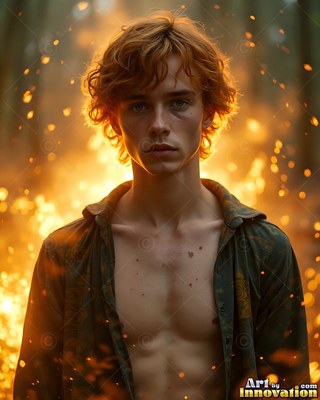 Facing forward in a dim forest, a young redheaded man wears an open shirt in warm light