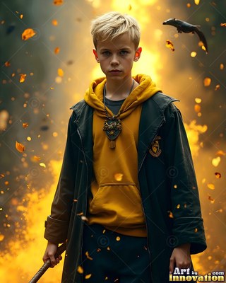 A young man with blond hair in a dark coat and yellow hoodie stands in swirling golden light