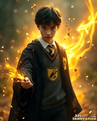 In an autumn forest, a man in his youth in a school robe aims a flaming wand
