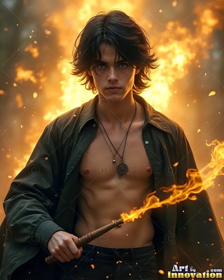 Holding a burning wand, a youthful man in an open green shirt stands before bright fire