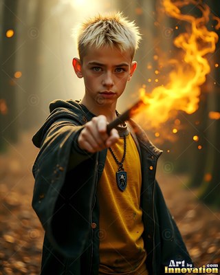 A young blond-haired man points a burning wooden wand forward in the woods