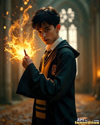 Dark robes wrap around a young man holding fire in a stone hall with arched windows