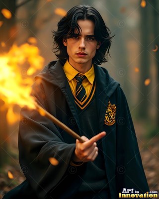 Facing forward in the woods, a man in his youth points a burning wooden wand