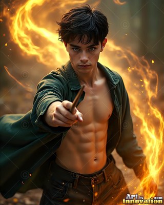 A shirtless man in his youth points a wand forward while bright fire swirls around him