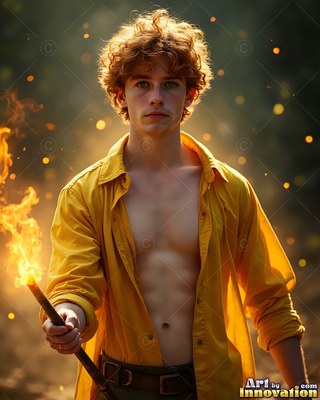 In the dark, a curly-haired young man in an open yellow shirt holds a flaming torch