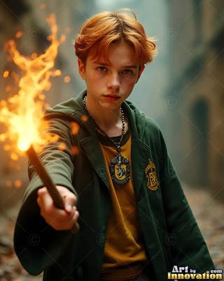 Holding a flaming wand, a young red-haired man wears a green robe in a stone courtyard