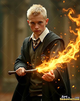 Young man in school robes shoots orange fire from his wand