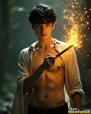 Unbuttoned cream shirt slipping off a young man holding a sparking wand in dim woods