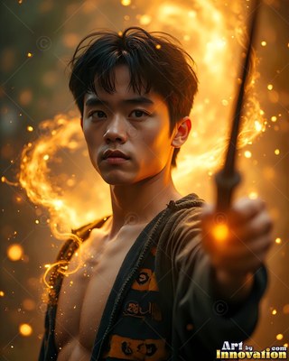 Facing forward in a dim room, a man in his youth points a wand with yellow sparks