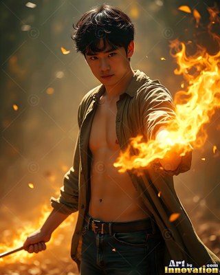 A young man in an open green shirt shoots bright fire from his bare hand