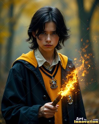 In an autumn woods, a young man in a yellow vest holds a burning wand