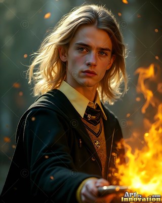 Casting fire from a wand, a blond man in school robes stares forward