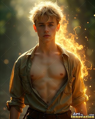 A blond young man in an open brown shirt with fire behind him