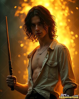 An unbuttoned tan shirt opens on a dark-haired younger man holding a wand before bright golden sparks