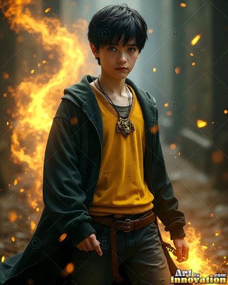 A man in his youth stands before bright fire in a dark jacket and yellow shirt