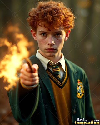Facing forward in the woods, a young red-haired man aims a burning wand