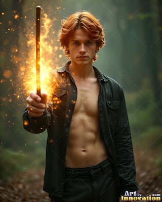 A red-haired man grips a fiery wooden wand in the green woods