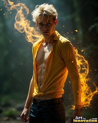 In a dark forest, a yellow-haired man stands in an open yellow shirt with fire on his hand