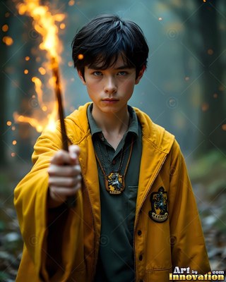 Holding a flaming wand, a young man wears a yellow robe in a dim forest