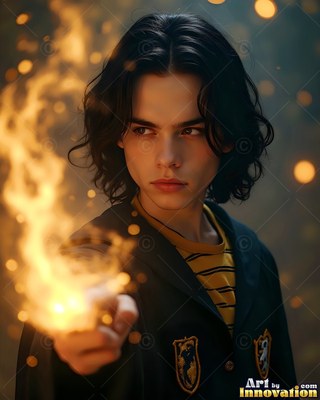 A man in his youth in a dark robe points a hand of fire