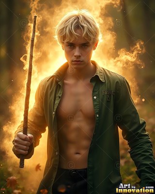 A blond younger man carries a staff upright, backed by bright orange smoke
