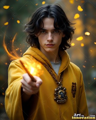 Facing forward in woods, a younger man points a wand in a yellow robe