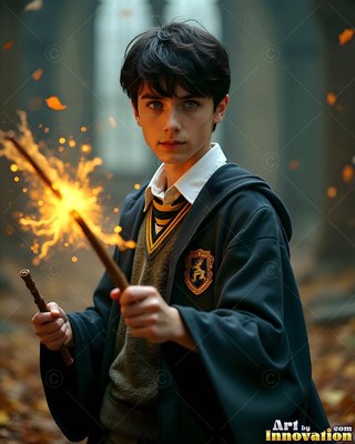 A young man in a dark school robe points two wands that shoot yellow sparks