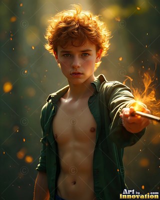 In a sunlit forest, a man in an open green shirt points a burning wand forward